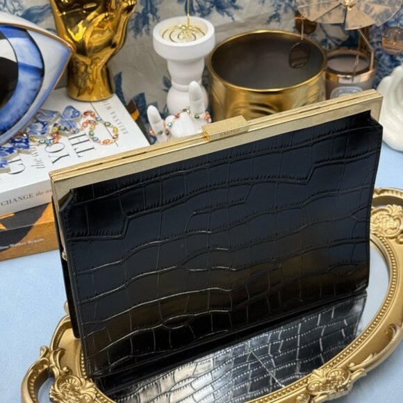 🆕 OROTON 🧿 NWOT Black Icon Frame Croco Clutch - Picture 14 of 16